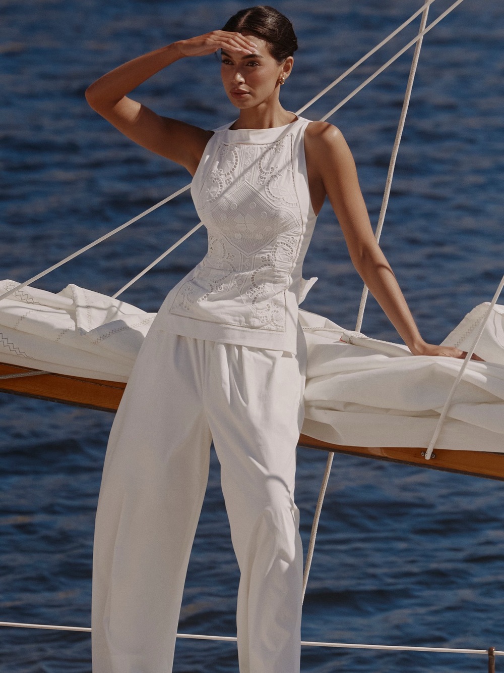 House of CB VALENCIA White Cotton Placement Lace Broderie Anglais Boat Neck Top - Picture 8 of 14